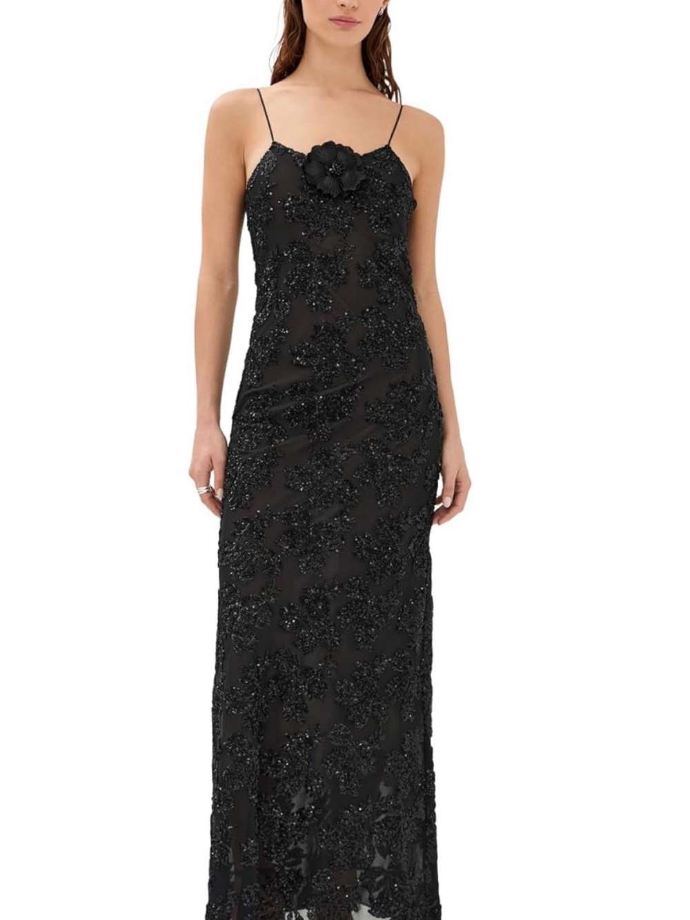 Rodarte Black Embroidered Sequin Slip Gown With Silk Flower Pin